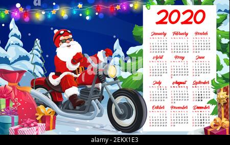 Santa riding motorcycle vector design of New Year calendar template. Santa Claus biker delivering Xmas gifts and presents on motorbike, Christmas tree Stock Vector