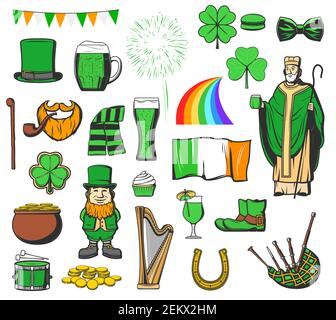 St Patrick day decorations and green icons. Vector Saint Patrick holiday symbols, Ireland flag, leprechaun golden coins in cauldron, beer and lucky cl Stock Vector