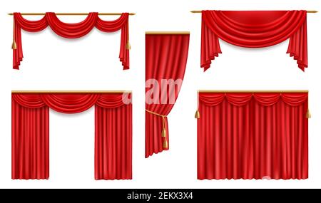 Realistic curtains, 3d vector red folded cloth with gold tassels and pelmet for window or theater stage decoration. Luxury fabric silk or velvet drape Stock Vector