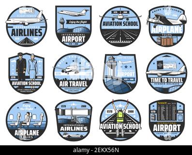 Aviation icons, pilot school and flight attendant service. Vector international flights travel, airport departure and arrival schedule, civil aviation Stock Vector