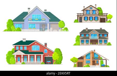 House building icons of village homes and cottages, villas and mansions vector design. Real estate and architecture, exterior of double storey houses Stock Vector