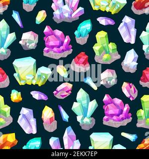 Crystals, gem stones and rocks, minerals and gemstones seamless pattern background. Vector quartz, diamond and amethyst, sapphire, jade and salt, emer Stock Vector