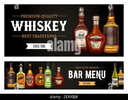 Whiskey bar menu and elite brands of alcohol drinks. Vector bottles of vodka and tequila, scotch and wine, cognac and vodka. Brandy and rum, vermouth Stock Vector