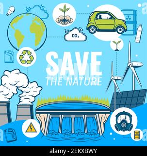 Save planet earth, nature conservation and environment protection and recycling, vector poster. Green energy alternative resources, solar panels and p Stock Vector