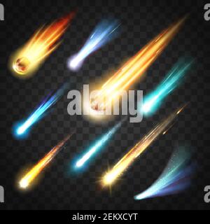 Meteors rain with comets and space bodies on transparent. Vector neon glowing fast moving particles, shooting stars and meteor shower. Falling asteroi Stock Vector