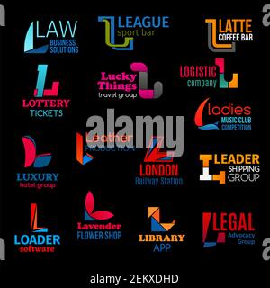 L letter icons of law legal business, sport league coffee bar and logistics company. Vector identity L signs of music club, flower shop or software el Stock Vector