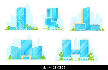 Business centers isolated multi-storey buildings. Vector modern skyscrapers, facades of shopping malls, exterior design with trees and parking zone. F Stock Vector