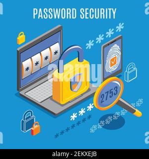 Password security  background with unlocked notification on laptop screen and fingerprint button on smartphone isometric vector illustration Stock Vector