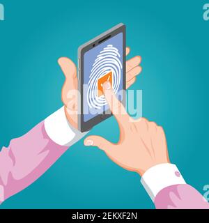 Cyber security background with man holding smartphone in his hands and unlocking it with fingerprint button isometric vector illustration Stock Vector