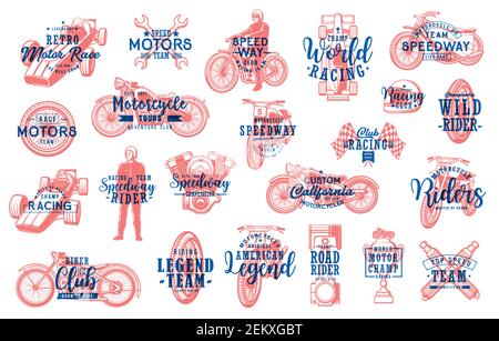 Motorsport racing and biker club lettering icons set. Retro chopper, speedway and motocross motorcycles, racer in helmet, modern and vintage formula o Stock Vector