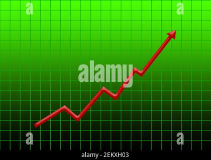 Red 3d Rise arrow in Green grid with lines and small squares, stocks investment profit growth concept. Business graph. Gradient bright and dark green. Stock Photo