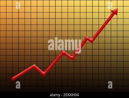 three-dimensional Red Arrow Rising in grid yellow graph businesses growth, rising stock market, increase sales and profit, and financial progress. Stock Photo