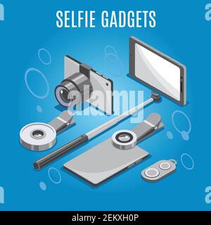 Isometric selfie gadgets including smart phone with monopod, camera, lenses, remote control, blue background, vector illustration Stock Vector