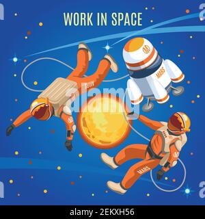 Work in space isometric composition on blue background with astronauts, ship, sun and cosmic objects vector illustration Stock Vector