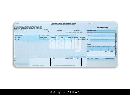 Airline boarding pass ticket and baggage check for traveling by plane isolated on white background. Stock Photo