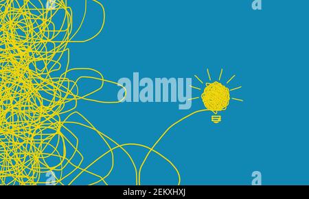 yellow tangle light bulb concept idea. blue background, conceptual ideas business, complicated to simple, hard to easy way, founder Ideas