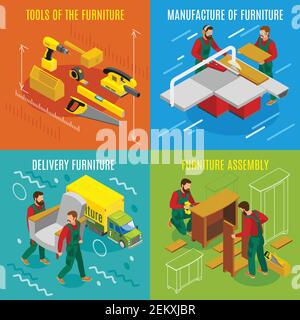 Manufacture, assembly and delivery of furniture, makers with professional tools, isometric design concept isolated vector illustration Stock Vector