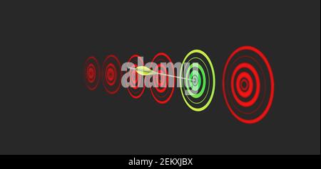 Marketing strategy, marketing goals and business tries concept. many unfocused red targets signs whit one green target sign. grey background wall. Stock Photo