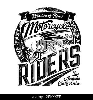 Biker club emblem, skull and wings icons, motorcycle racers and motorbike racing. Vector gunge T-shirt print of Los Angeles and California motorbike r Stock Vector