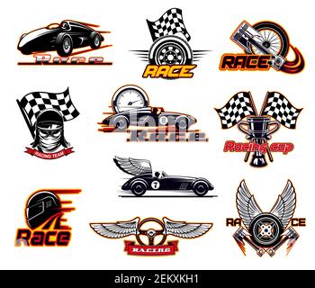 Car races, motor speed show and street racing icons. Vector car race ...