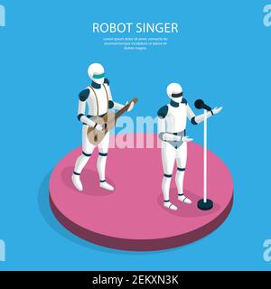 Artificial intelligence isometric background poster with creative robots musical band members singer and guitarist performance vector illustration Stock Vector
