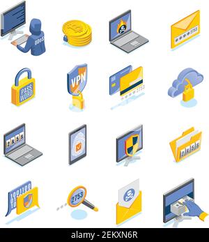 Cyber security and internet threats isometric icons set with password notification end to end encryption biometric identification symbols vector illus Stock Vector