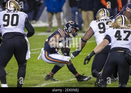 November 01, 2020: Chicago, Illinois, U.S. - Bears #11 Darnell Mooney is  tackled by Saints #20 Janoris Jenkins during the NFL Game between the New  Orleans Saints and Chicago Bears at Soldier