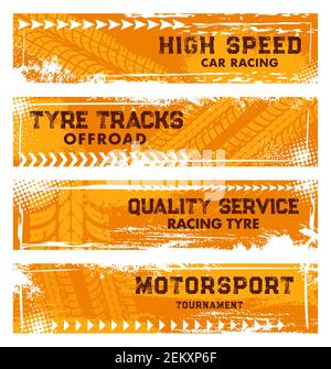 Tire tracks, car truck wheels and road speed races, vector service center web banners. Motorcycle rally or offroad racing tournament auto service cent Stock Vector