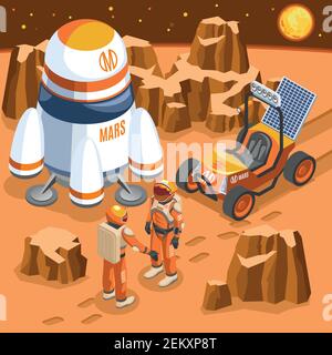 Mars exploration composition with astronauts, space ship, car with solar battery, nature of planet isometric vector illustration Stock Vector