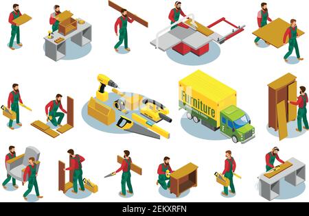 Set of isometric icons furniture makers with professional tools during production and assembly isolated vector illustration Stock Vector