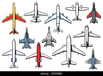 Planes and airplanes icons, aviation aircraft retro and modern, vector top view. Civil and military aviation planes, fighter bombarder aircraft and fl Stock Vector