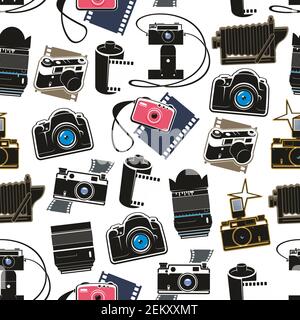 Photo equipment cameras and lens seamless pattern. Vector digital and retro photocameras, film cartridges or rolls and flashes. Professional photo stu Stock Vector