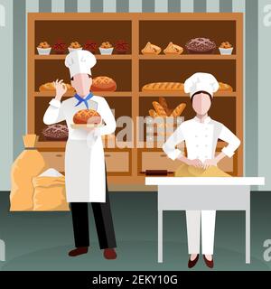 Cooking people colored and flat composition with two bakery employees in the workplace vector illustration Stock Vector