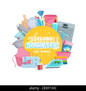 Housework tools, cleaning and sewing items banner, household appliances round frame. Vector dishwashing and sewing machine, iron and apron, washing po Stock Vector