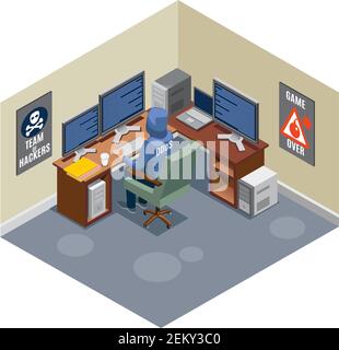Internet threats isometric composition with anonymous hacker sitting at computer and activating virus attack vector illustration Stock Vector