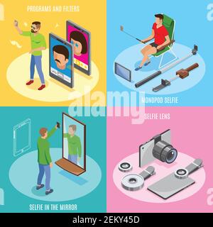 Selfie 2x2 design concept with monopods lens programs filters elements and selfie in mirror isometric composition vector illustration Stock Vector