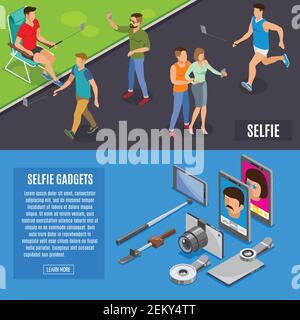 Set of horizontal isometric banners social photo and self portrait with monopod, selfie gadgets isolated vector illustration Stock Vector