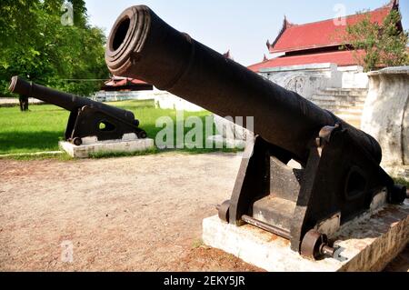 Ancient Cannon or ruins artillery at front of Mandalay Palace the last Burmese monarchy Royal Residency for Majesty for Burmese people and foreign tra Stock Photo