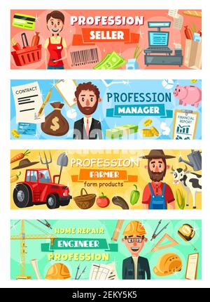 Professions, hiring of manager and farmer, seller and engineer. Vector businessman and construction builder, agriculture worker and shop assistant. Fo Stock Vector