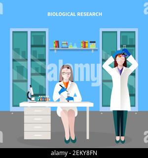 Scientists people colored composition with two scientists in the laboratory spend a biological research vector illustration Stock Vector