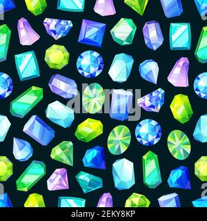 Gemstones, gem jewels, diamonds and jewelry precious stones seamless pattern. Vector background of ruby, sapphire crystal and emerald, opal and amethy Stock Vector