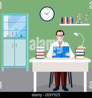 Scientists people composition with man at the table in his office studies professional literature vector illustration Stock Vector