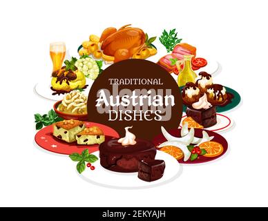 Austrian traditional dishes, vector banner of national food. Vector main courses and desserts, beer and Christmas goose. Potato pasta with cabbage, ch Stock Vector