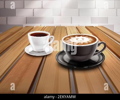 Cups of espresso and cappuccino coffee composition with sun picture realistic vector illustration Stock Vector