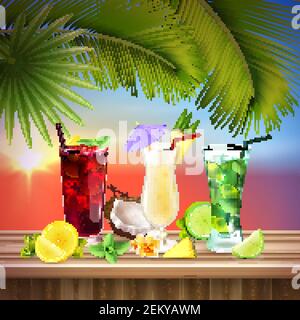 Cocktails set realistic composition with three different flavors of alcohol cocktail at the table vector illustration Stock Vector