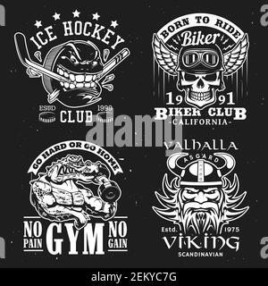 Sport badges, gym, ice hockey and biker club T-shirt monochrome grunge print. Vector ice hockey team shark icon, crocodile with barbell muscles, biker Stock Vector