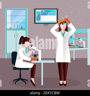Flat scientists people composition with two employees in laboratory study the liquid in the flasks vector illustration Stock Vector