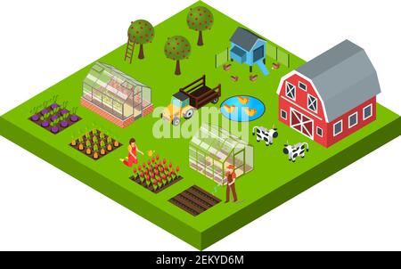 Isometric concept with big farm yard vegetable and flower beds cattle greenhouse barn 3d vector illustration Stock Vector