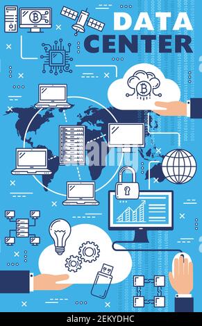 Cloud storage, internet data center and hosting server network technology. Vector digital information storage system, files security and protection in Stock Vector
