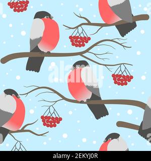 winter seamless pattern with bullfinches on the branches with berries of rowanberry Stock Vector